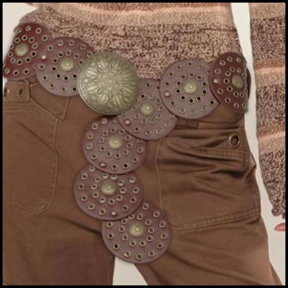 Vintage Disc Waist Belt Wide PU Leather Hollow Boho Western main image 5